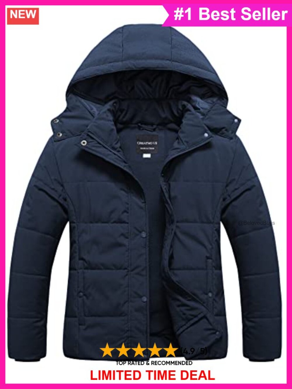 Womens Plus Size Puffer Jacket Waterproof Fleece Lined Removable Hood Winter